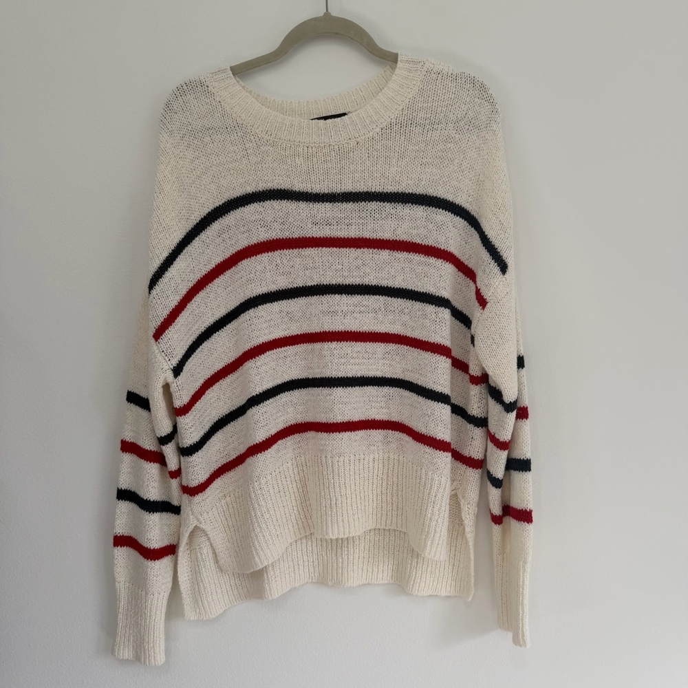 Lulu’s White Stripe Knit Sweater Coastal Casual Relaxed Pullover Size L - Picture 5 of 8